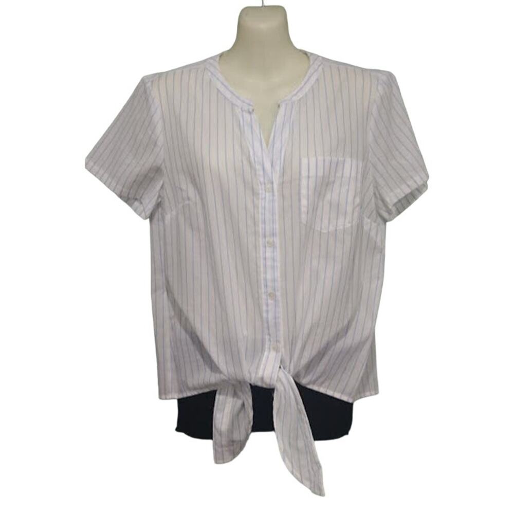 J. Crew Factory Striped Tie Bottom Button Down Shirt, Wht/Blue, Sz S